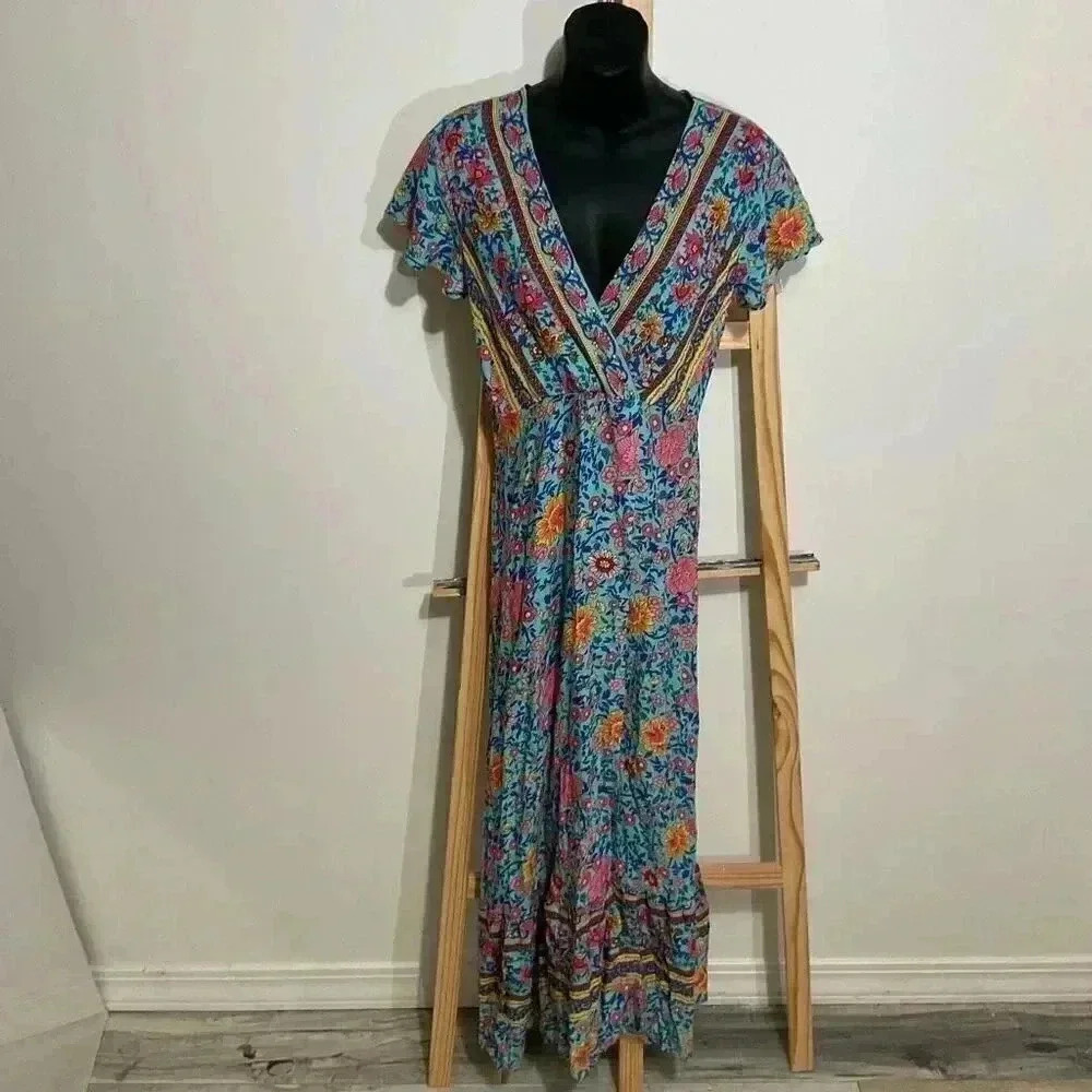 Ecowish Bohemian Floral Wrap Dress V-Neck Women’s Size Small Maxi